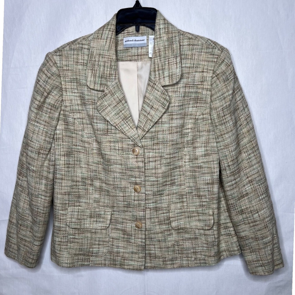 Alfred Dunner Petite Womens 16P Tweed Blazer Jacket Tan Green Plaid Professional